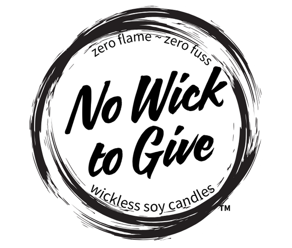 A circular black-and-white logo reading 'No Wick to Give' with smaller text 'zero flame ~ zero fuss' and 'wickless soy candles' on a plain white background.